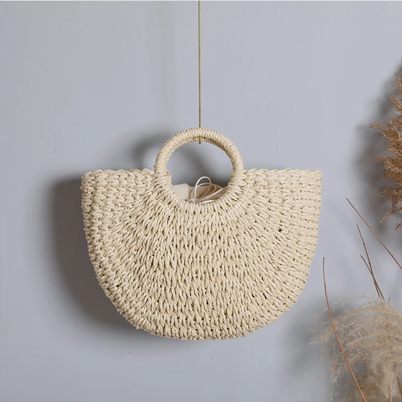 Summer Half-moon Straw Bag For Women Handmade Portable Handbag Large Capacity Beach Bag Basket Woven Top-handle Bag Purse Totes