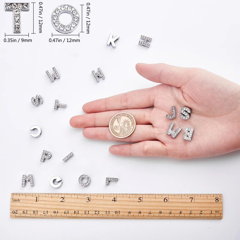 52pcs/box Eco-Friendly Zinc Alloy Slide Charms with Rhinestone Platinum Plated Letter A~Z Crystal 12x3~12x4.5mm Hole: 8x2mm