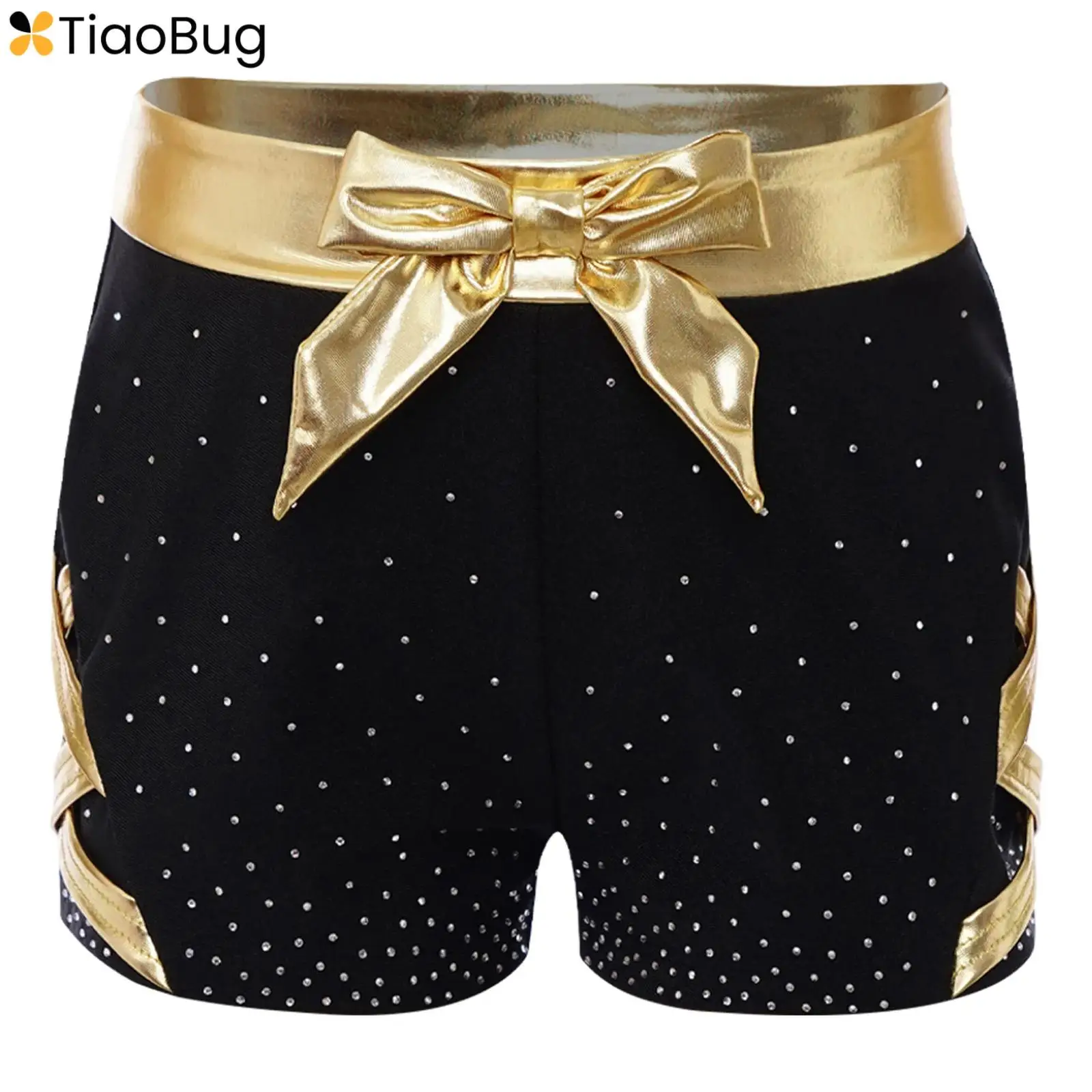 

Girls Dance Shorts Gymnastics Sports Bottoms Metallic Bow Elastic Waistband Sides Crisscross Shiny Rhinestones Booty Shorts