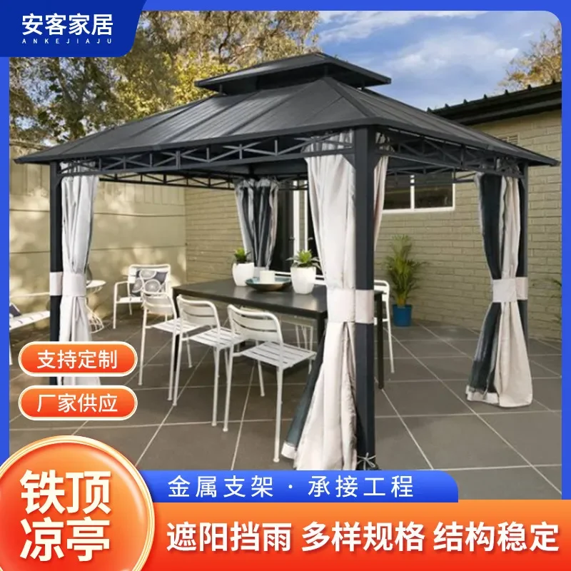 For Outdoor Iron Roofed Pavilion Waterproof Double Roof Tent with Mosquito Net Courtyard Sunshade Four Corner Column Gazebo