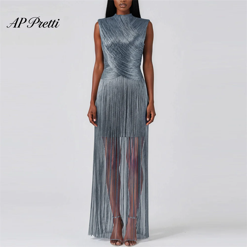AP Pretti Modern Mermaid Formal Evening Dress High Collar Floor-Length Pleat Prom Dresses Tassel Special Occasion Gowns Customiz