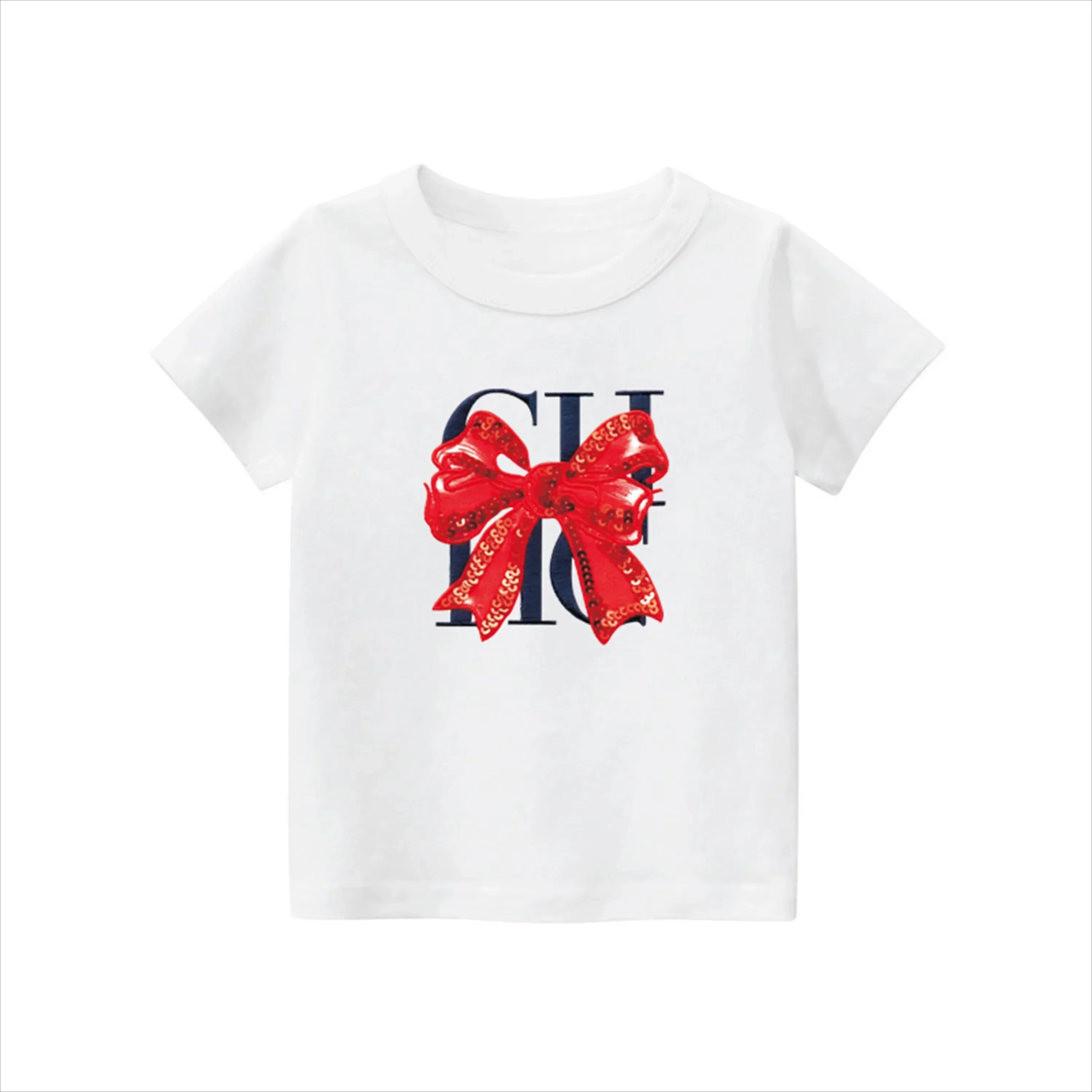 2026 Kids Cotton T Shirt Cute Shiny Red Bow Graphic Print Short Sleeve Crew Neck Tee Girls Sweet Casual Daily Summer Wear Top