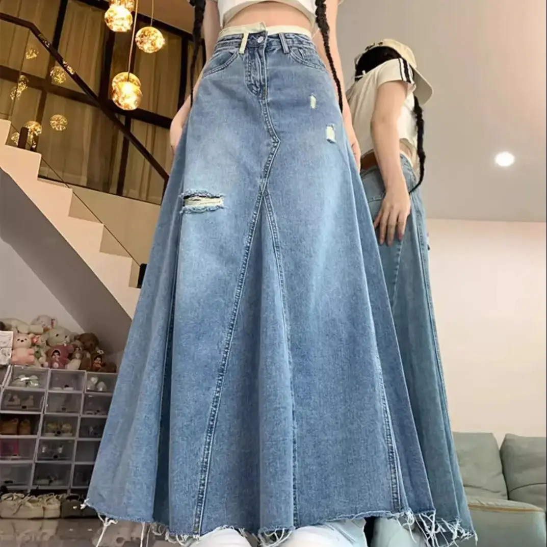 Denim Skirt Ripped Blue Large Size Retro Women'S Summer Fat Mm High Waist Slim Mid-Length A-Line Hip Fishtail Skirt