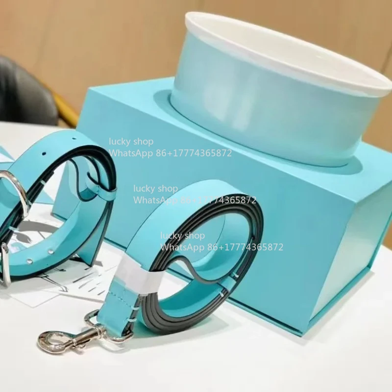 Pet Three-piece Bone China Dog Bowl Cat Bowl Rice Basin Contains 17.5CM Collar Traction Rope Gift Box