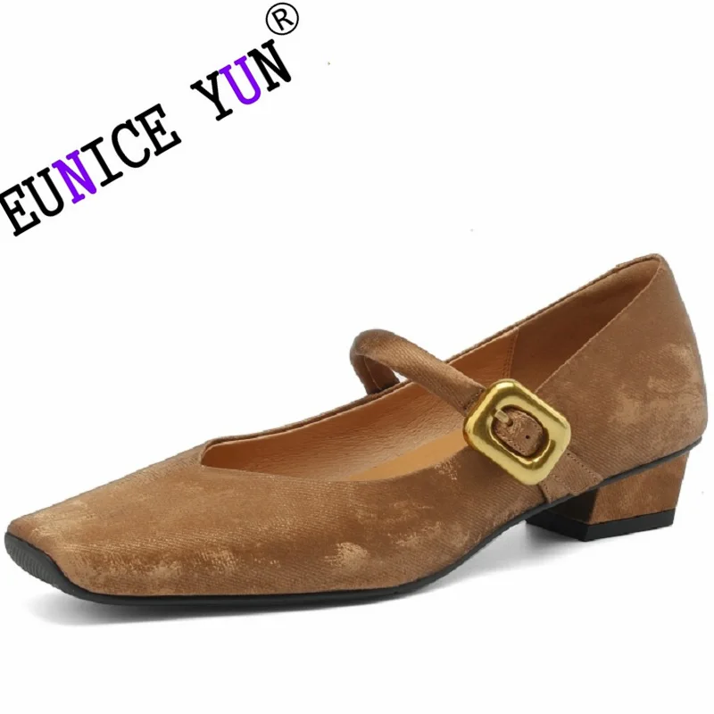 

【EUNICE YUN】women's retro Square toe low Heels Genuine leather mary janes shoes Spring New office lady pumps 34-42