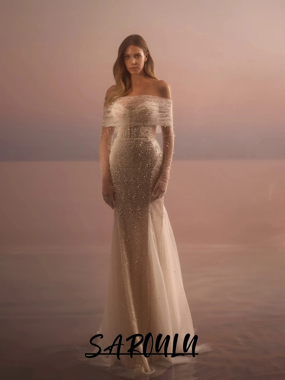 

Heart-shaped Glitter Wedding Dress Elegant Mermaid Pearls Sheer Customized Bridal Gown Glamorous Women's Classic Wear No Gloves