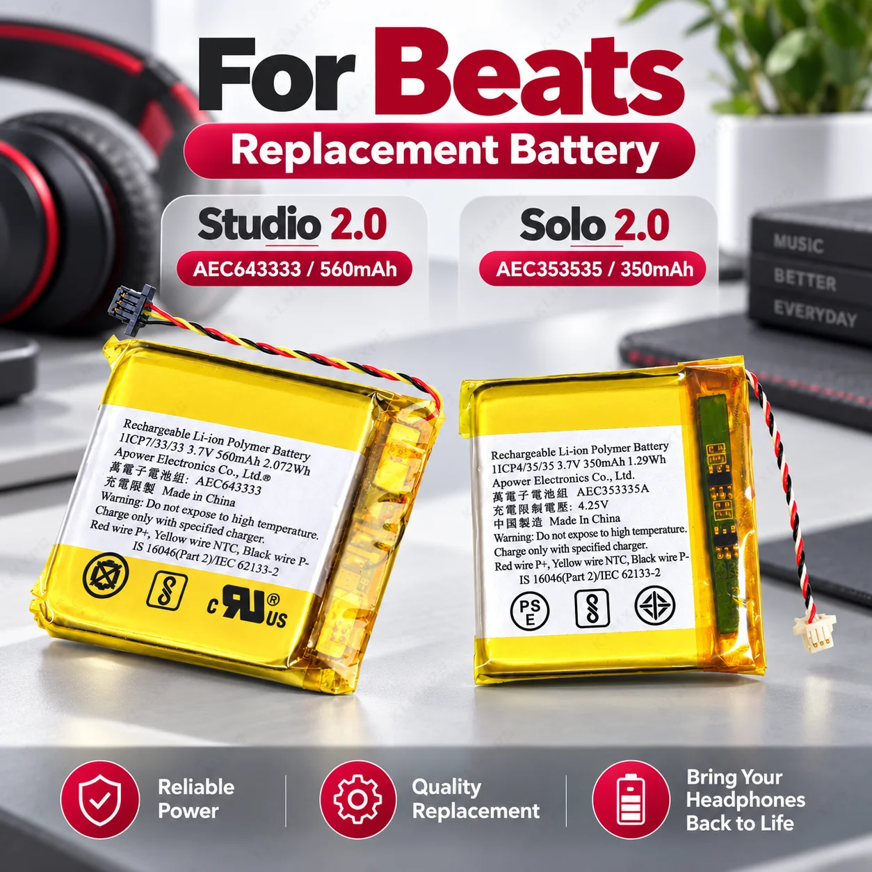 AEC353535 AEC643333 Replacement Battery for Beats Solo 2 3 Pro Studio 2 3 Wireless Headset Rechargeable Cell