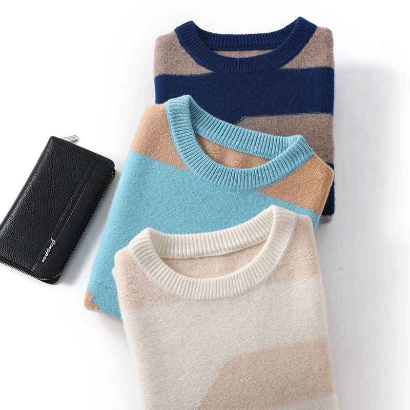 Autumn And Winter New Thick Color Matching 100% Pure Wool Men's Round Neck Sweater Loose Casual Cashmere Knit Bottoming Shirt