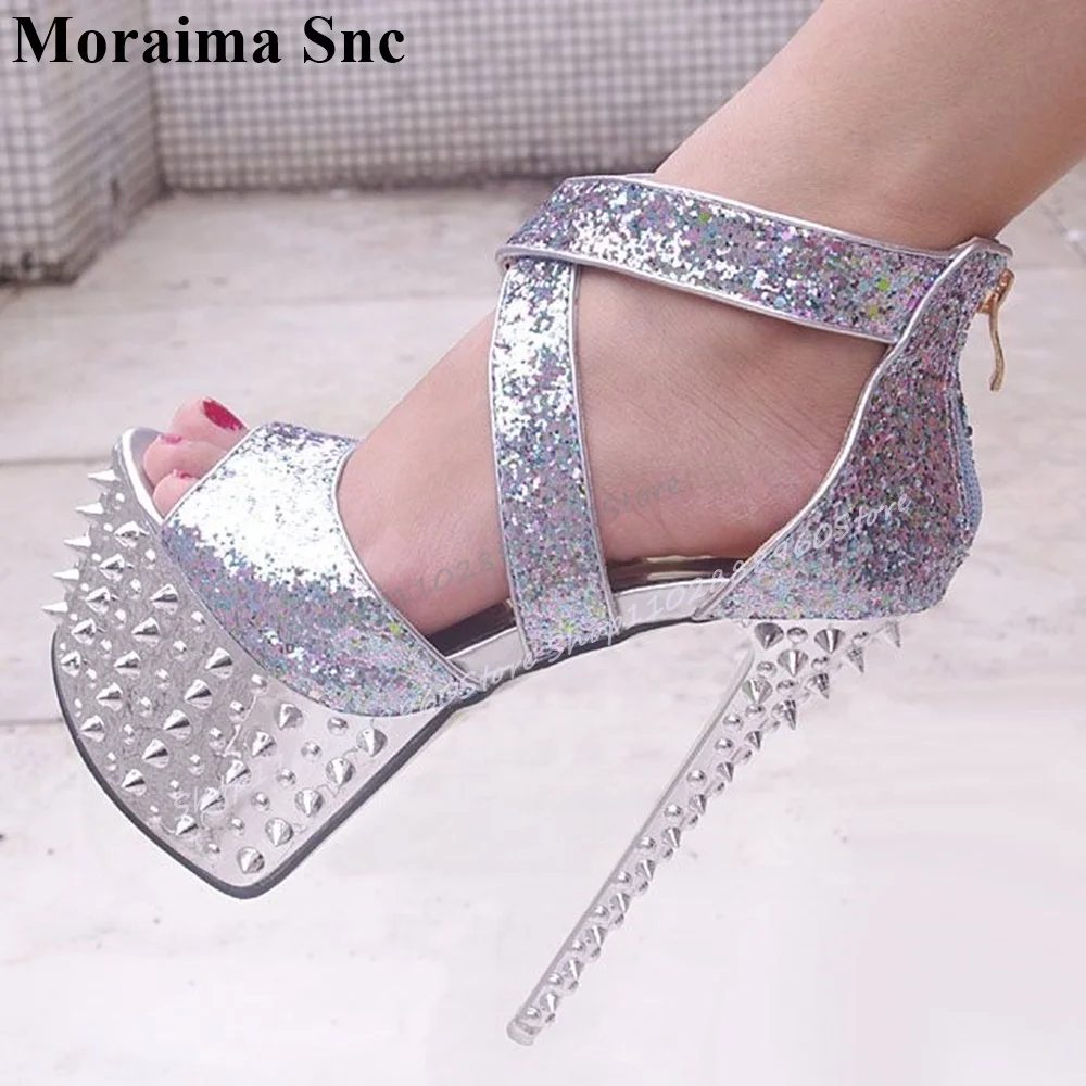 

Silver Platform Rivet Glitter Sandals Thin High Heel Shoes For Women Back Zipper Peep Toe 2025 Fashionable Zapatos Para Mujere