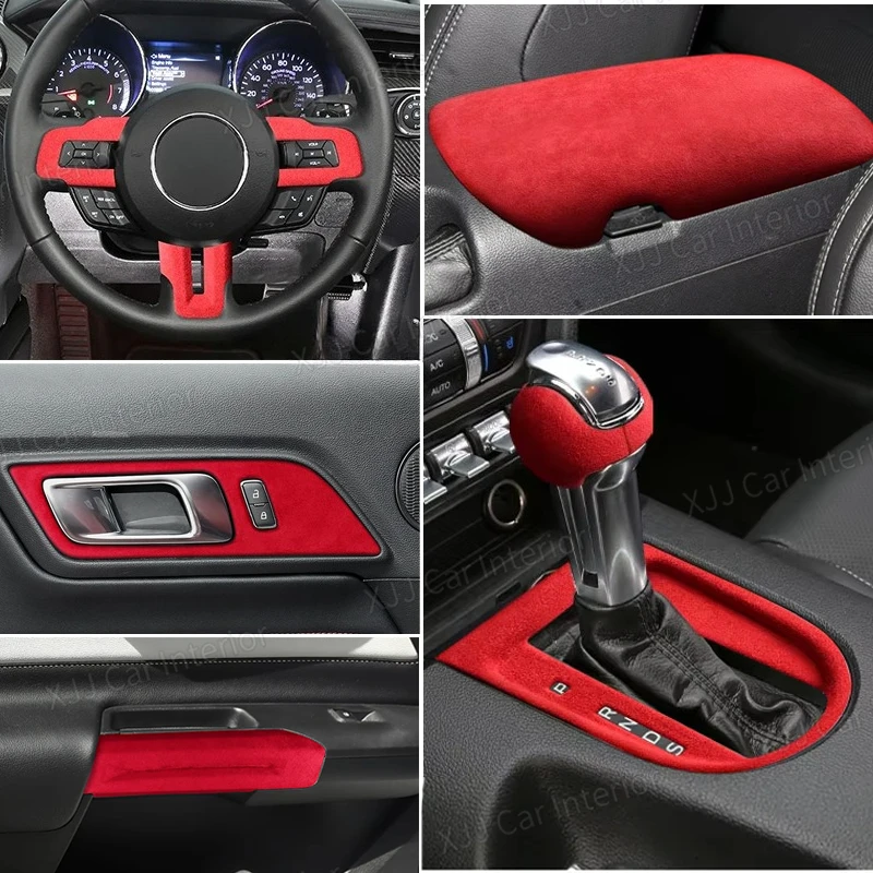Suede Wrap Car Armrest Box Storage Panel Trim Cover Sticker For Ford Mustang 2015-2023 Red Style Interior Modified Accessories