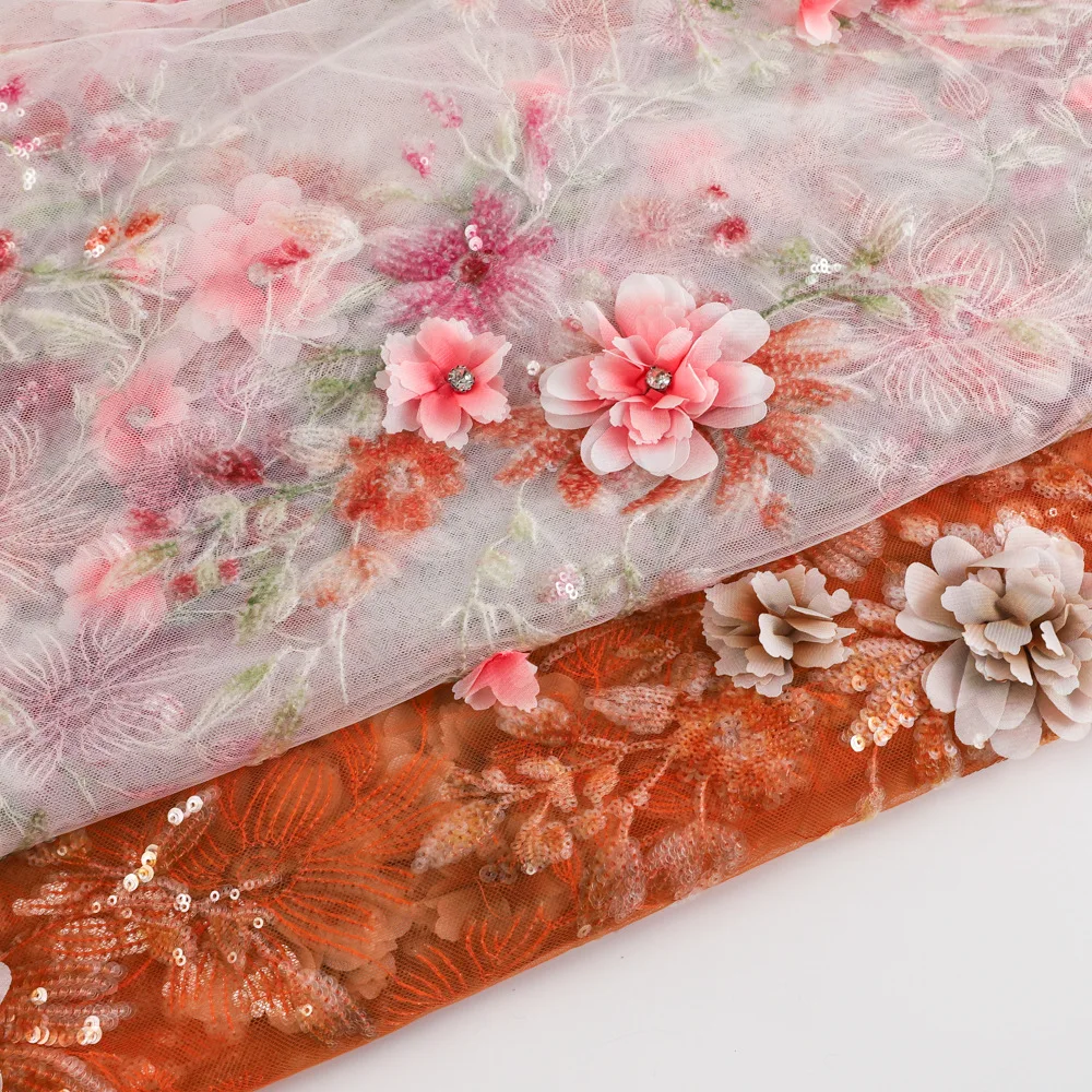 2-meter high-end handmade 3D applique sequin embroidered tulle fabric for dresses wedding gowns formal wear DIY sewing fabric