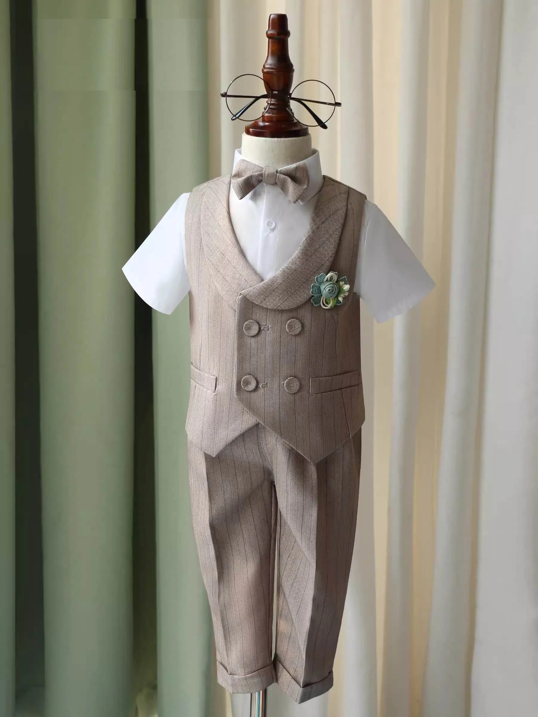 Kids Birthday Wedding Party Dress Performance Tuxedo Wear Children Elegant Khaki Photography Suit Boys Formal Ceremony Costume