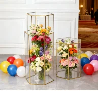 

wedding crystal pedestal plinth baby shower backdrop Gold columns for acrylic clear cakes plinth stand Baby shower stands