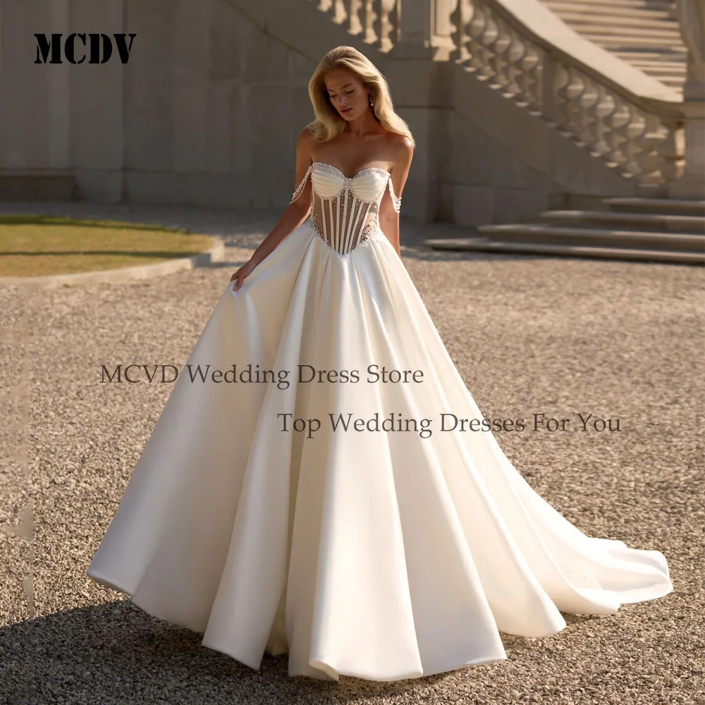 

MCDV Elegant White Beading Wedding Dresses Illusion Sweetheart Off Shoulder Bridal Gowns Women Formal Party Dresses Customized