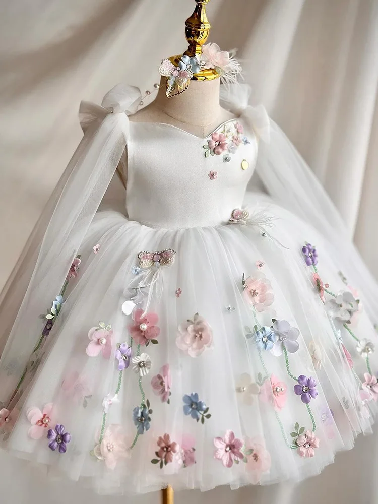 

Gorgeous Lolita Princess Dress, Girl's White Flower Mesh Wedding Dress, Fluffy Dress, Formal Christmas Gift for 2-10 Years Old