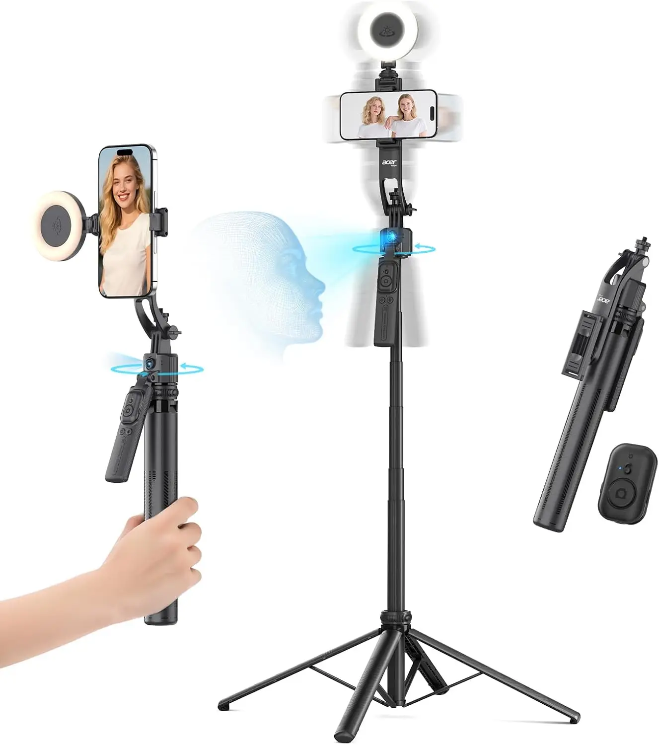 

Auto Face Tracking Tripod for iPhone/Cell Phone/Android/Camera with Light and Remote, 64", No App, 360°Rotating Tripod