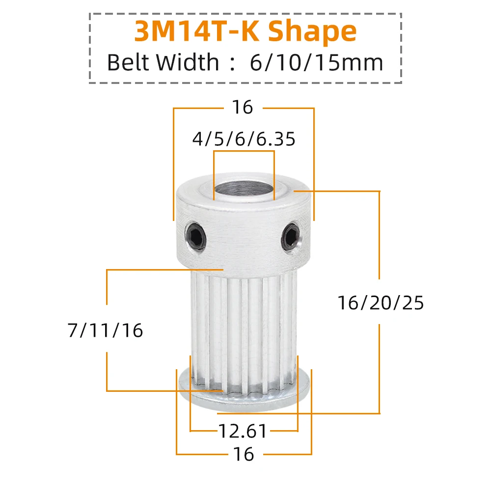 Belt Pulley 3M14T Teeth Pitch 3.0 mm Circular Tooth K Shape Alloy Pulley Bore 4/5/6/6.35 mm For Width 6/10/15 mm 3M Timing Belt