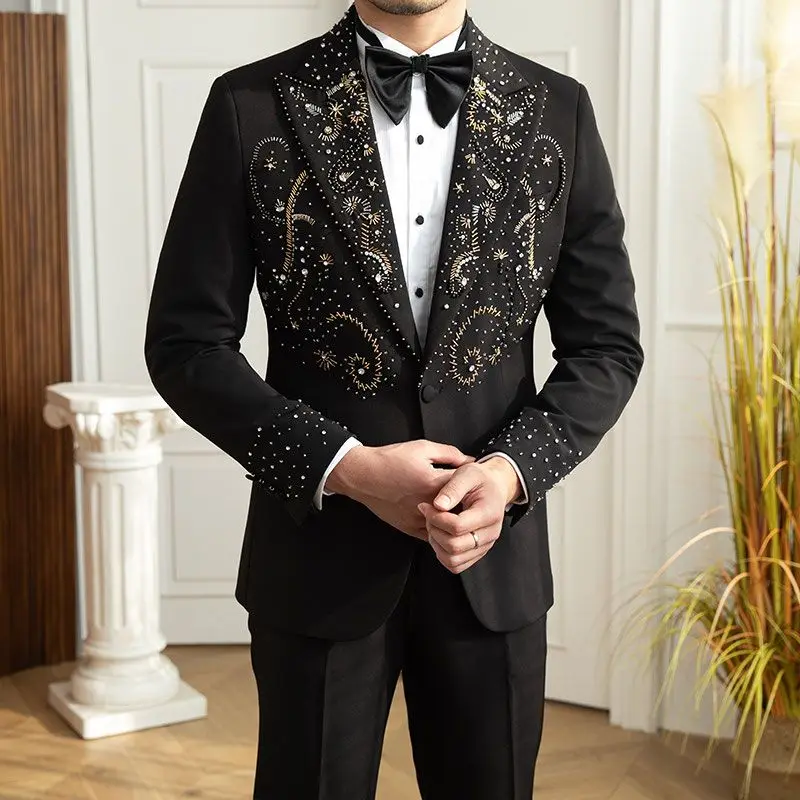 

Men's Black High-End Coat Handmade Beaded Slim Fit For Banquet Stage Designer Suit Set
