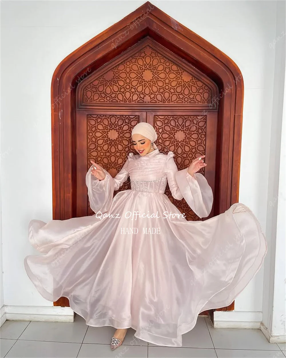 Qanz Muslim Silk Organza Evening Dresses Long Sleeves Crystal Vestidos De Fiestas Elegantes Mujer Ramadan Abayas Customized