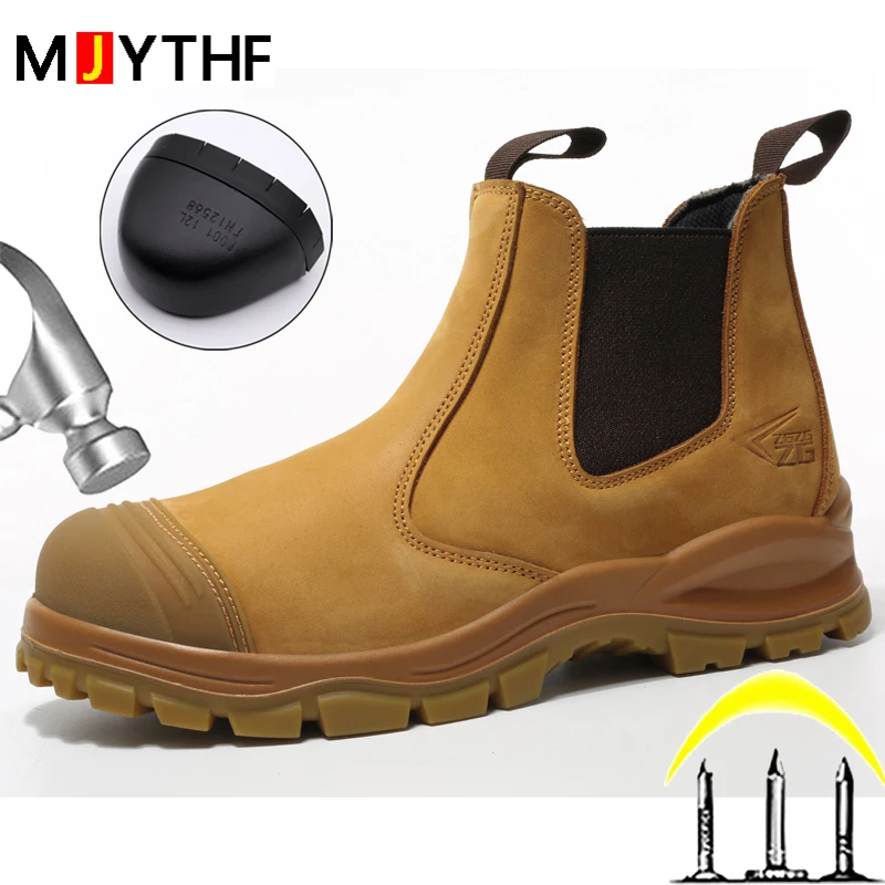 Botas de seguridad de trabajo de cuero genuino para botas Chelsea, zapatos de hombre, botas protectoras estándar europeas, zapatos indestructibles de cuero de vaca