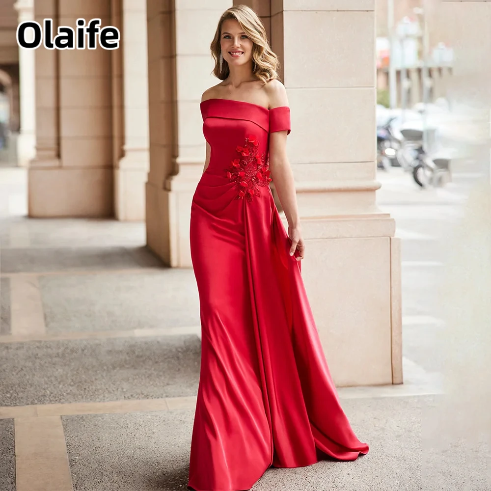 

Olaife Elegant Formal Dresses Satin Off the Shoulder Mermaid Formal Party Gowns for Women Beading Flower Trumpet Evening Dress