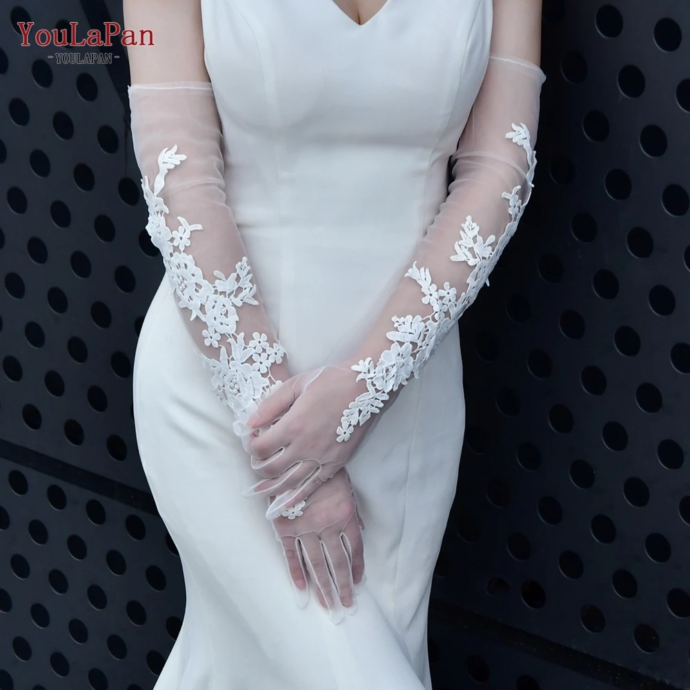 

YouLaPan VM13 Bridal Gloves lace Patch Wedding Gloves Embroidered Pearls Long Above the Elbow DIY tulle Party Accessory