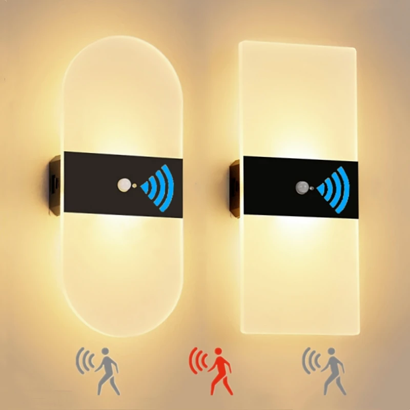 Motion Sensor Wireless LED Wall Lamp USB Rechargeable Acrylic Bedside Sconce Stairway Bedroom Decor Indoor Wall Lighting Fixture