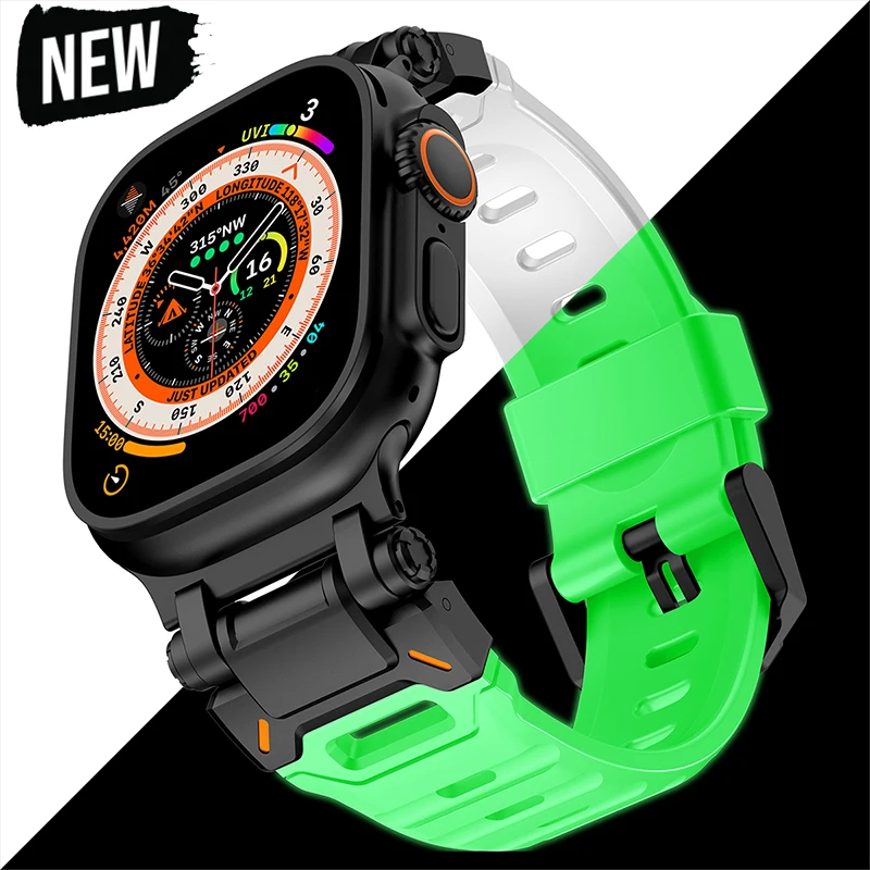 

Светящийся ремешок FKM для Apple Watch Band Ultra 2 49 мм 46 мм 45 мм 44 мм 42 мм Браслет из фторкаучука Iwatch Series 10 9 8 7 6 SE 5 4 3