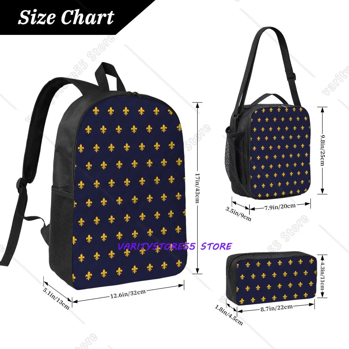 Fleur De Lys Gold Blue Backpack Boys Girls BookBag School Bag Computer Shoulder Bags 3ps Insulated Lunch Bag Pencil Case