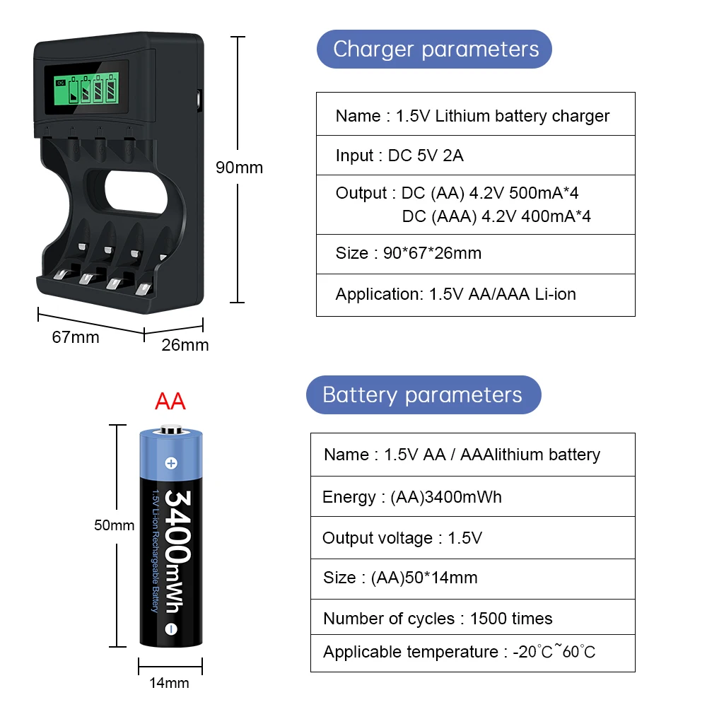 AA 3400mWh 1.5V akumulator litowo-jonowy, nowy, latarka, wentylator i automat do gier, mysz, zabawki elektryczne, szczoteczki do zębów