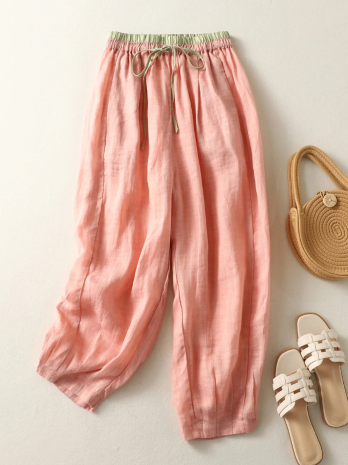 

Брендовый магазин, хлопковые и льняные брюки Harlan с девятью зубцами, женские свободные легкие повседневные льняные брюки-фонарики с высокой талией и деталями