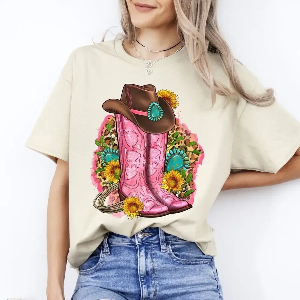 Cowgirl boots T-Shirt Western cowgirl leopard skin boots Unisex tee White Sand S tops Unisex Summer Short Sleeve