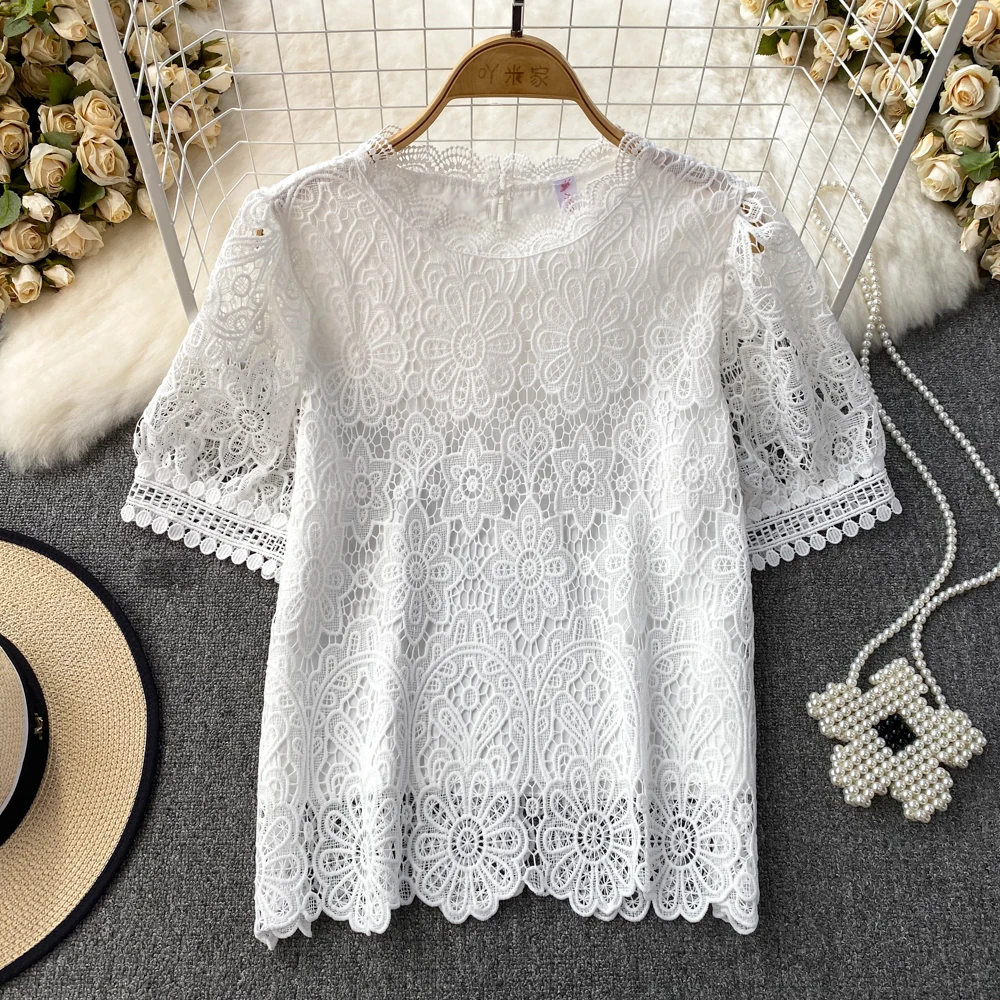 Chic Hook flower Hollow out Lace Shirt&Blouse Women\'s Tops Summer New Solid Blusas de verano mujer Casual blusas mujer elegantes