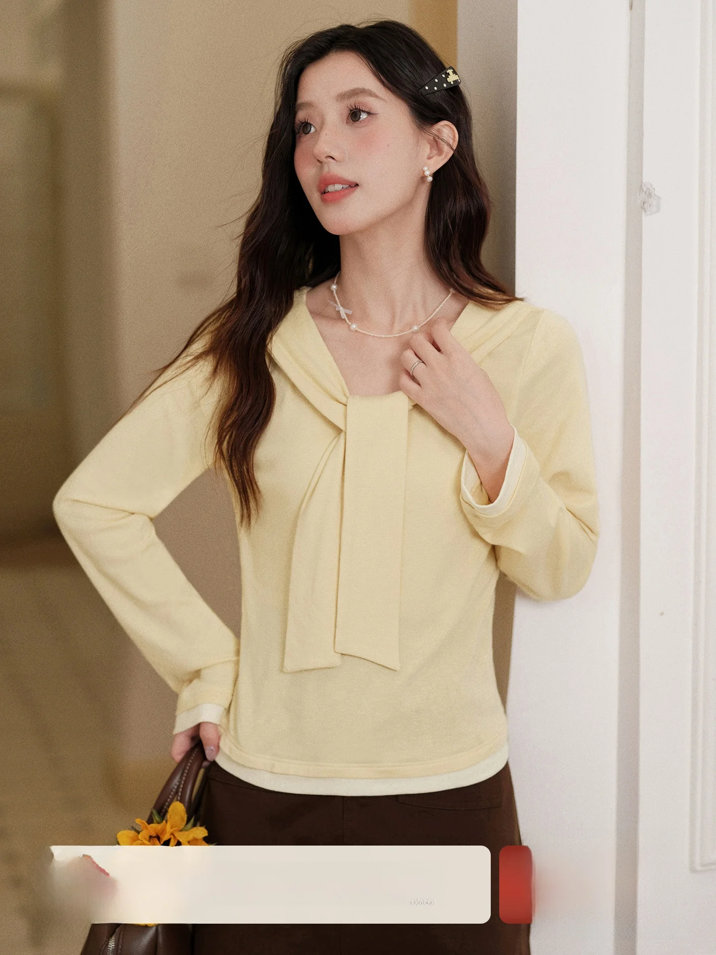 

Желтый женский топ с дизайнерским декором, длинными рукавами, бахромой и эффектом двухслойности, весенняя новинка, повседневный, из смесового хлопка