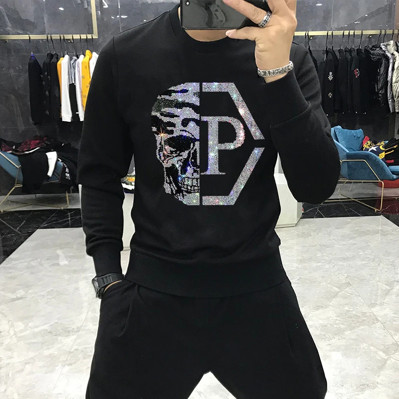 

Diamonds Skulls Sweatshirt Men europe style handsome Cartoon hoodies Hot drill Hip Hop Top hoody Male