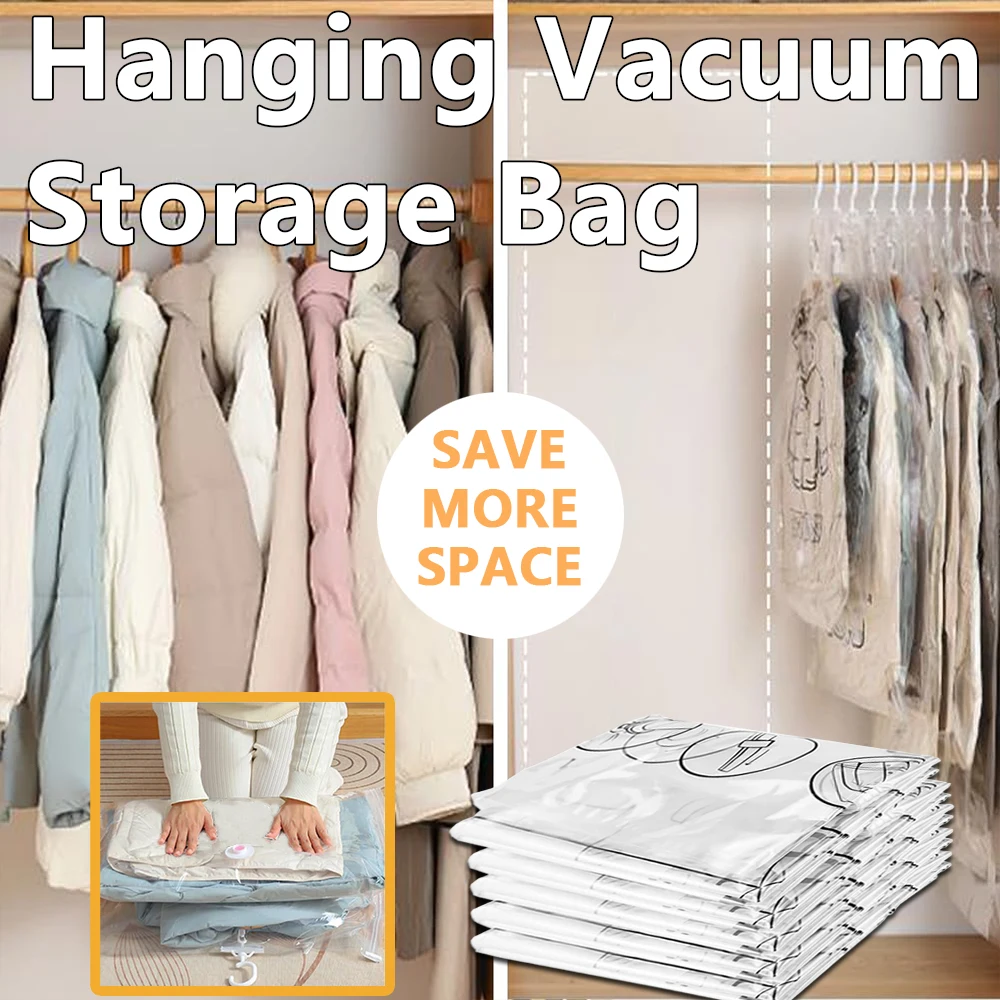 Reusable Hanging Vacuum Storage Bags for Clothes, Coats, Jackets, Hanging Compressible Storage Bag Space Saver Bags Organizer
