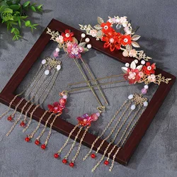 Chinese Hair Sticks Tiaras Headpiece Women Pearl Tassel Red Flower Hairpins Forks Vintage Hanfu Wedding Hair Accessories Jewelry