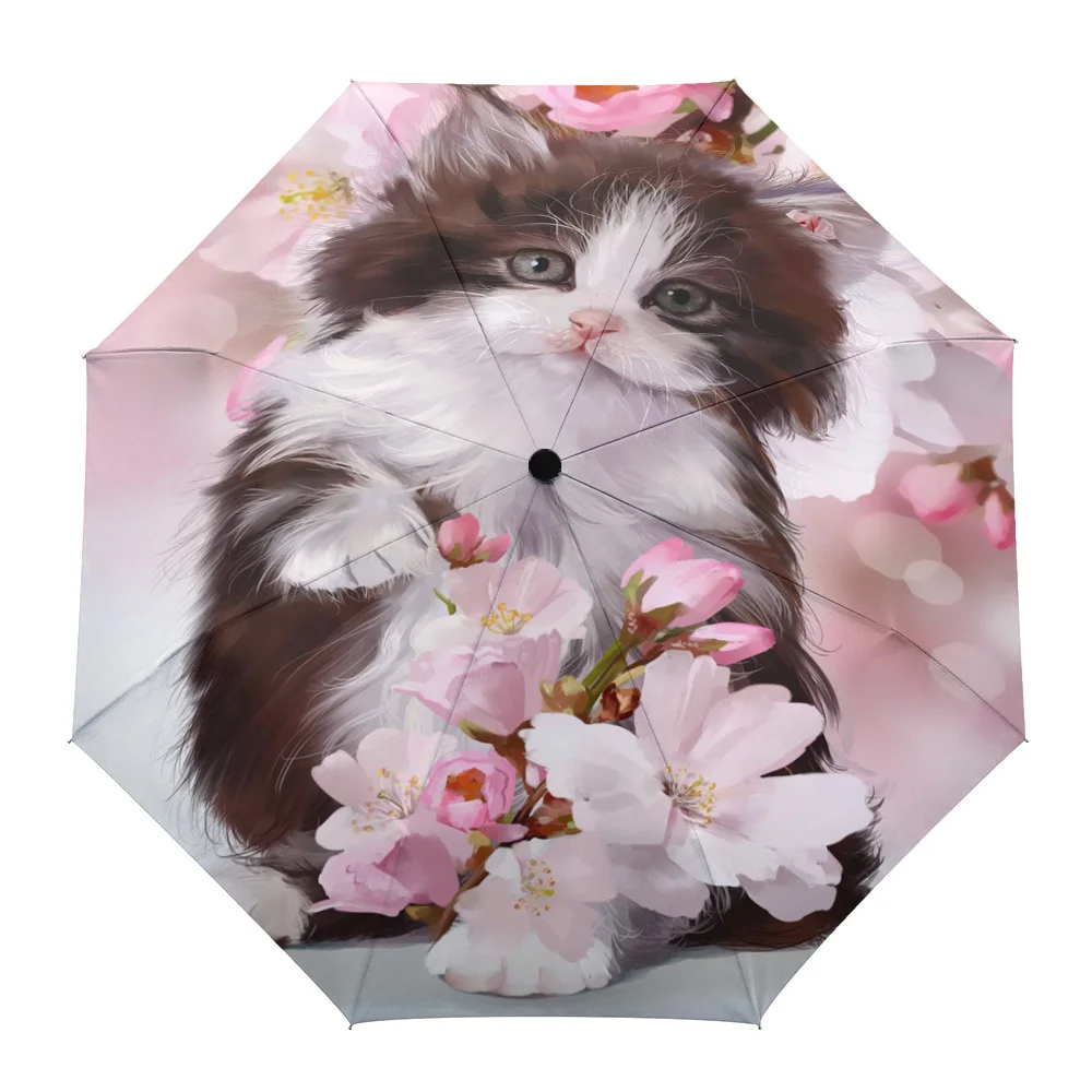 Pet Cat Cute Pink Carnation Flowers Creative Umbrella Rain Women Automatic Three Folding Umbrellas Windproof Parasol Parapluie