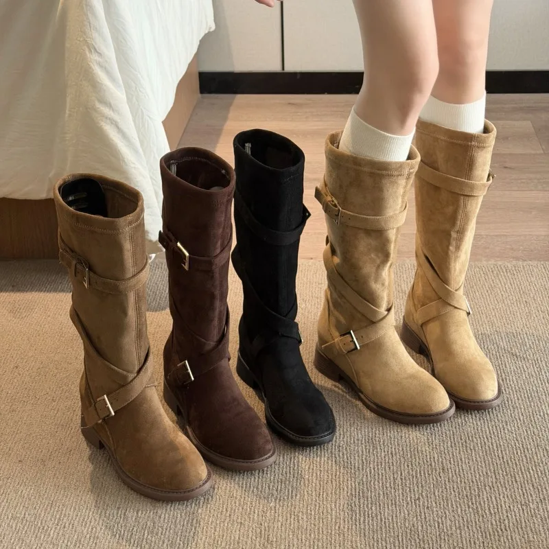 Women Western Cowboy Knee High Boots Multi Buckle Strap Suede Round Toe Low Block Heel Long Booties Autumn Winter Ladies Shoes