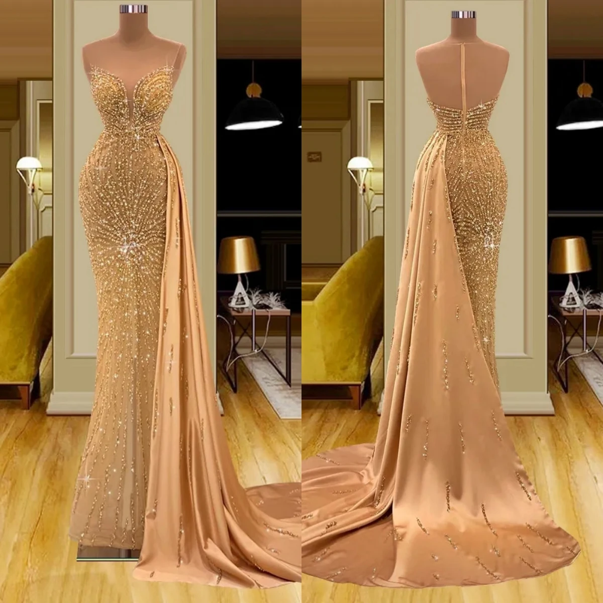 Gold Sheath Gown Prom Dresses Strapless Sleeveless Sequins Lace Party Dresses Plus Size Custom Size Colour Evening Dresses