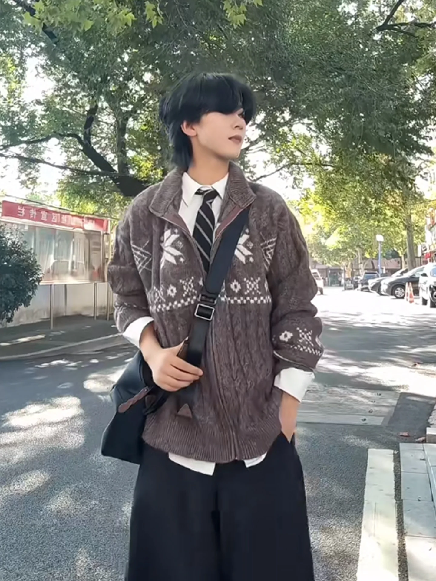 

Мужской вязаный кардиган из смесовой шерсти в стиле Fair Isle на осень-зиму, повседневный, с длинными рукавами, высоким воротником и эластичной тканью