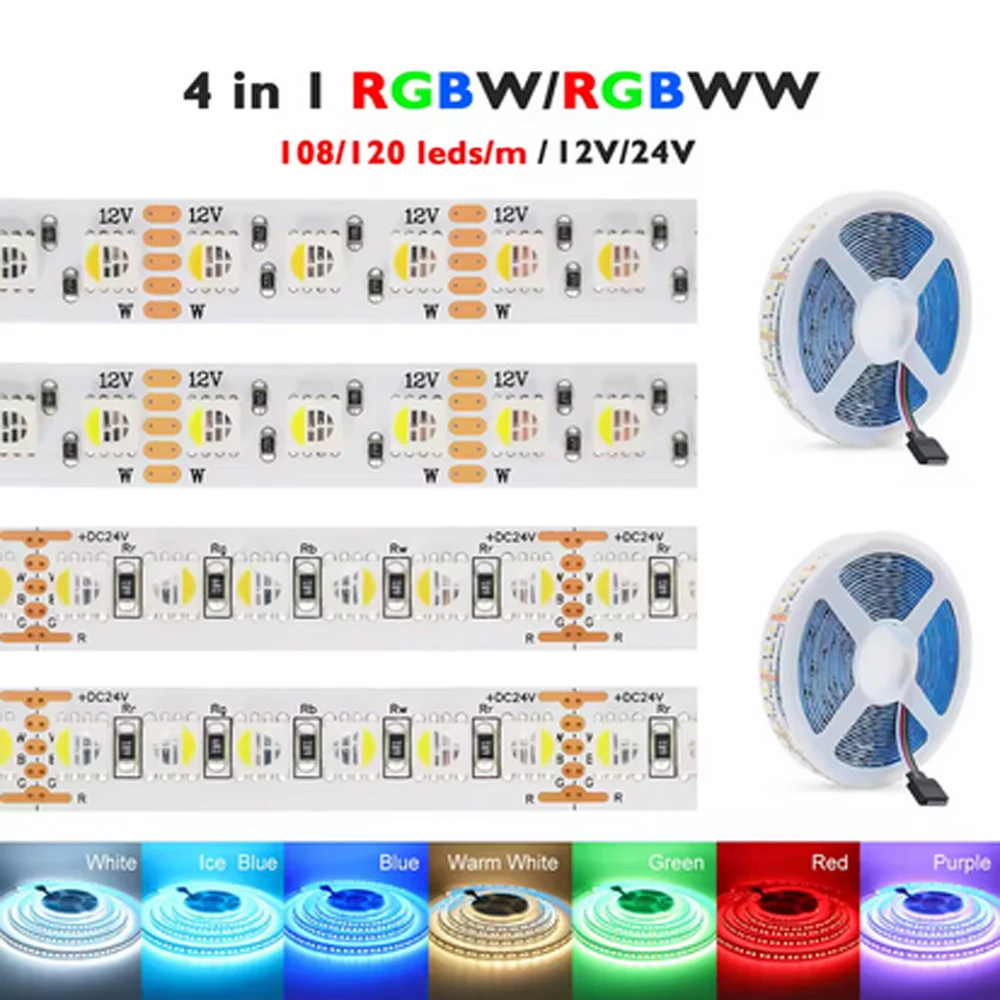 RGBW RGBWW LED 5M LED Strip DC 12V 24V 4 Colors In 1 Chip SMD 5050RGB RGBW RGBWW 60 Leds/M Flexible Ribbon Tape Rope Light