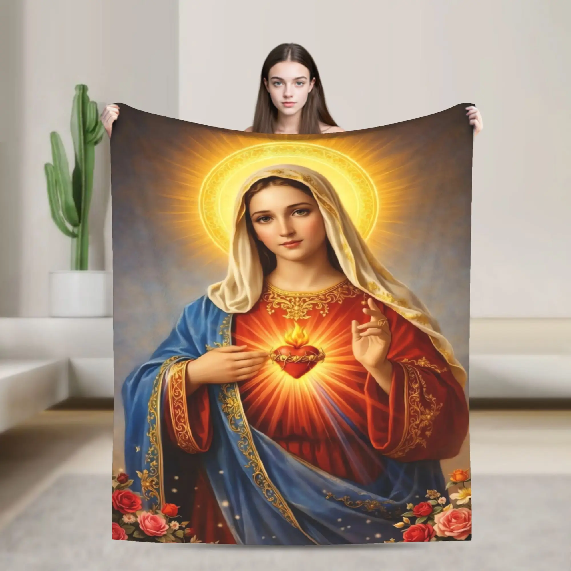 Virgin Mary Cherubs Rose Blankets Quality Super Soft  Throw Blanket Spring Decorative Couch Bed Funny Bedspread
