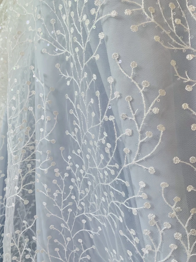 Off White Color Tulle Embroidery Sequined Lace Fabric Dress Lace Material 2022 NEW 1 Yard