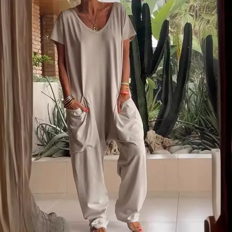 

Women's Simple Loose Jumpsuits Fashion Casual Solid Color V-neck Pocket Low Crotch Jumpsuit Female Commuting All-match Clothing