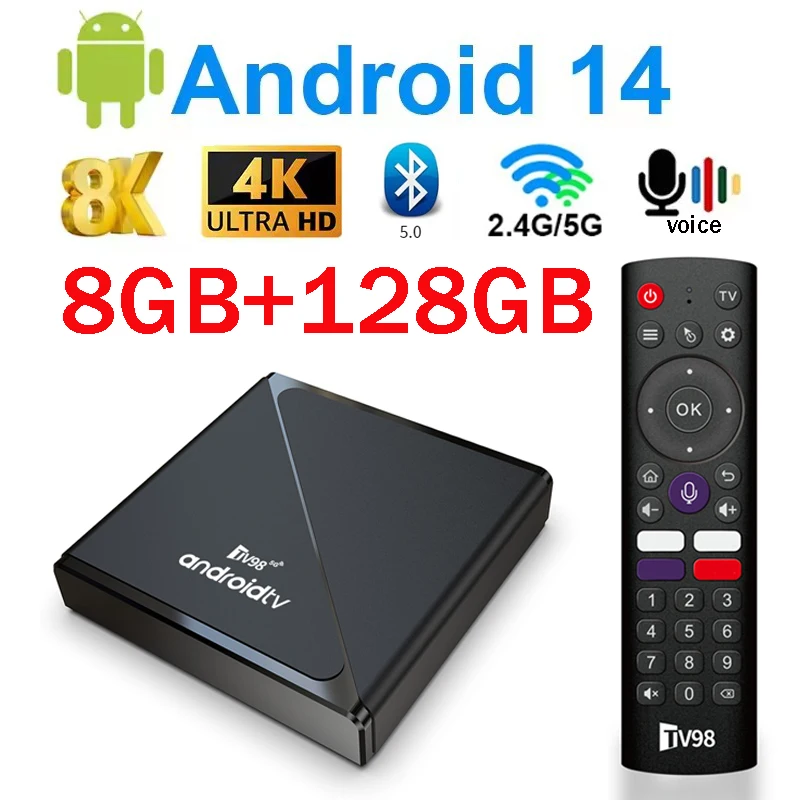 

TV98 ATV Pro TV Box Android 14, умный домашний кинотеатр HD 4K 8K Allwinner H313 8G 128G BT5.0 Media Play WiFi 4G 5G Голосовой пульт дистанционного управления iptv