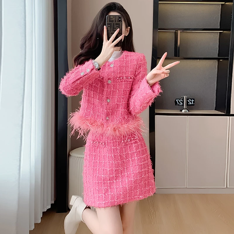 Winter Bright Silk Tweed Set Women Diamonds Feathers Fringe Jacket Tops And High Waist A-Line Skirts Korean Office Skirt Suits