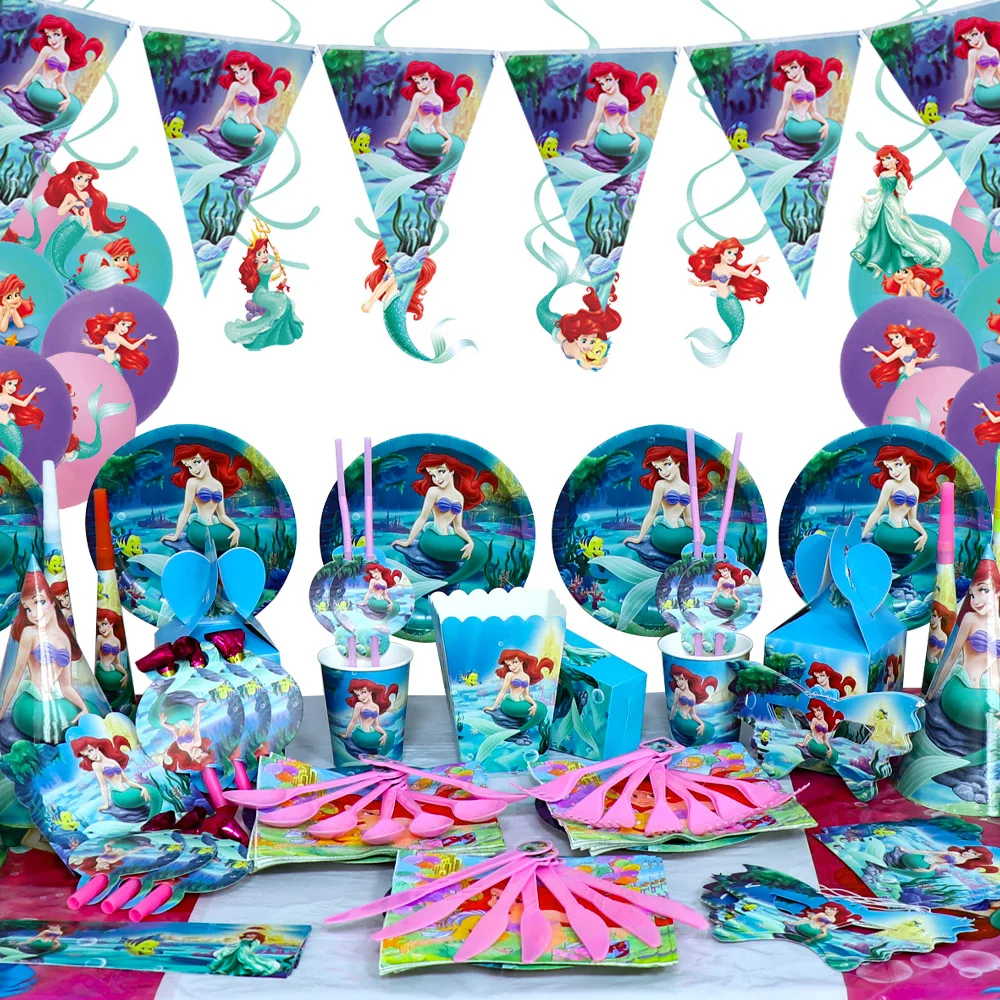 The Little Mermaid Princess Ariel Tableware Set Girl Birthday Decorations Balloon Paper Plate Cup Tablecloth Party Supplies