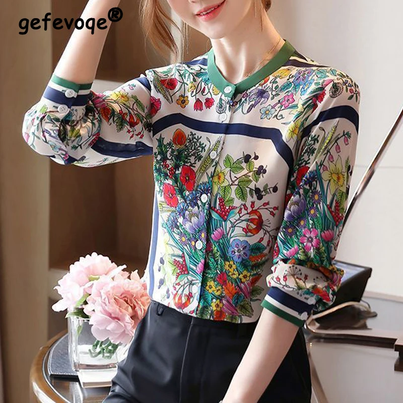 Women\'s Vintage Floral Print Stand Collar Button Shirt Spring Autumn Fashion Elegant Chiffon Blouse Long Sleeve Slim Tops Blusas