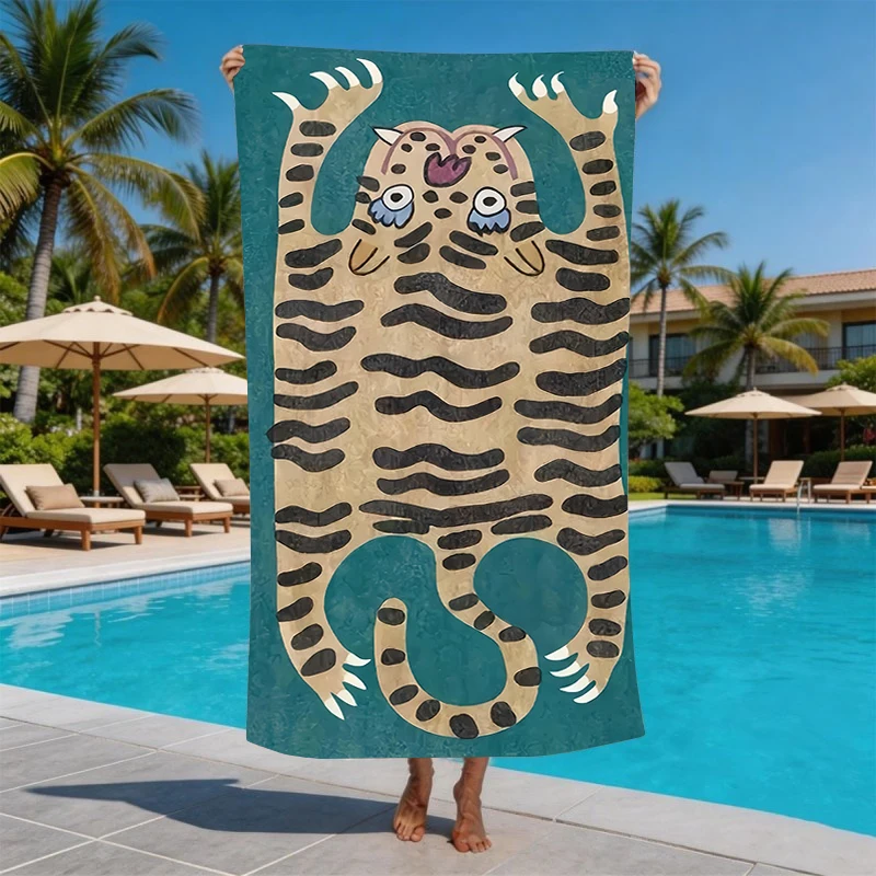 Vintage Folk Art Tibetan Tiger Microfiber Beach Towel Oversized Extra Large Aesthetic Cute Animal Pool Blanket for Men Women